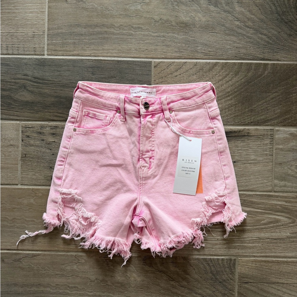 High-Rise Risen Frayed Hem Pink Denim Shorts NWT size small